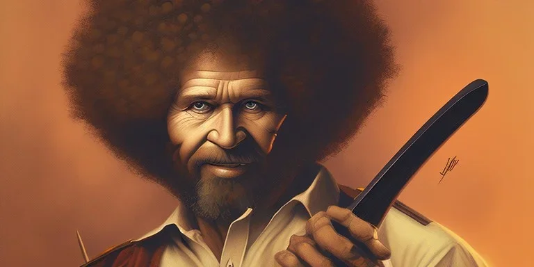 bob ross holding a machete & looking sinister