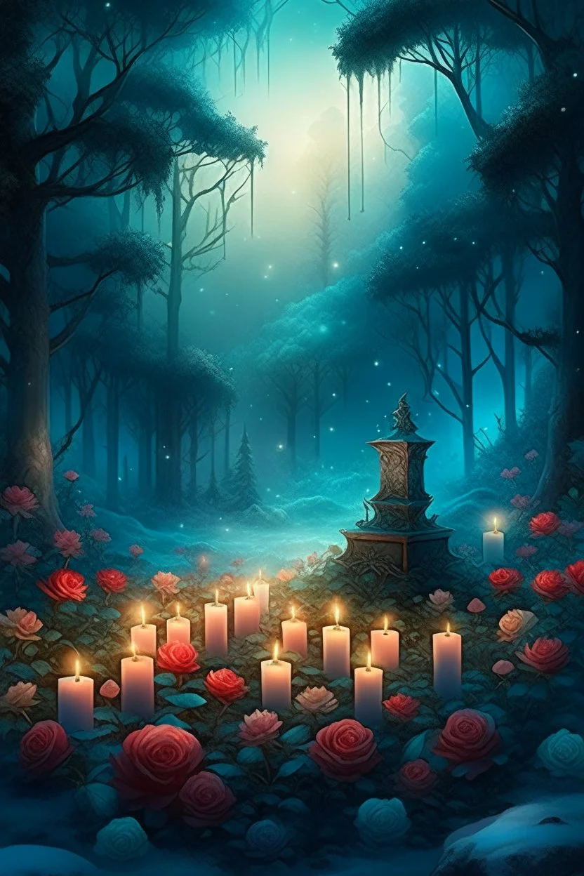 CANDLES ARE BURNING IN A WONDERFUL CLEARING IN A MAGICAL FOREST, THE NIGHT IS FULL MOON, SNOW, MAGIC Watercolor, double Chinese rose bush, ultra-detailed, morning, rain, greenery, beautiful landscape, fog, many details, delicate sensuality, realistic, high quality, 3d, work of art, hyperdetalization, filigree, foggy haze background, hyperrealism, professional, transparent, delicate pastel tones, back lighting, contrast, fantastic, unreal, translucent, glowing, clear lines, epic fabulous, fab