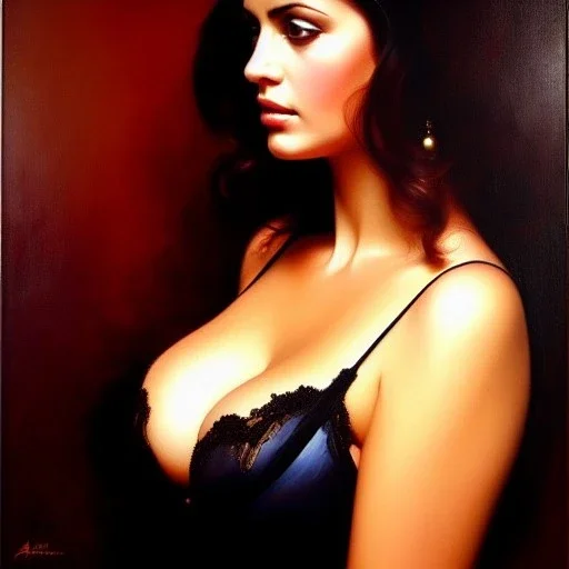 portrait of beautiful busty Gemma Arnau Arnau born in 1979 painting by Brom , oil on canvas, cinematic composition, extreme detail,fit full head inside picture