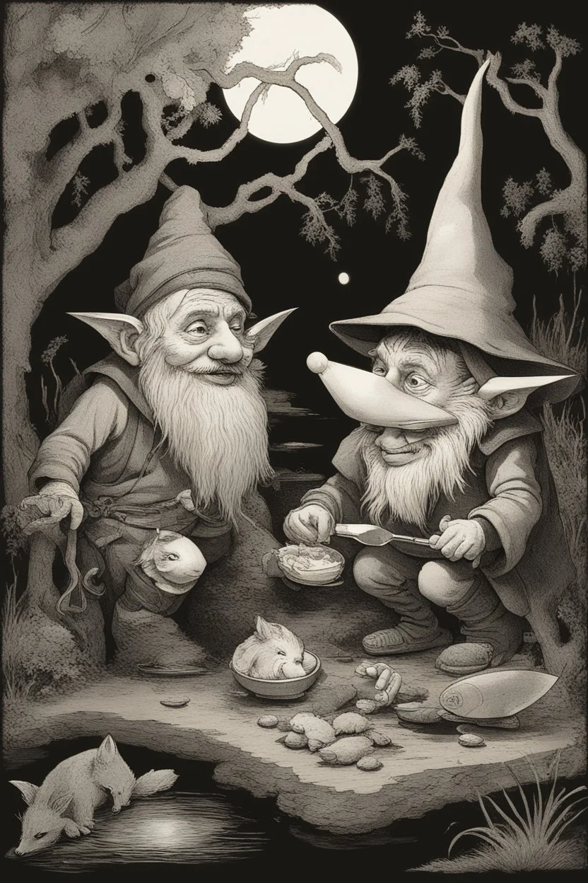 a gnome and a goblin eating in front of a fish fire with figure with fox mask behind, riverbank, night, moonlight,