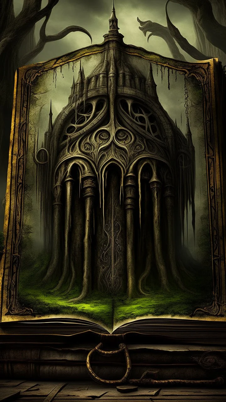 A book with cover written on it “ THE BOOK OF ENOCK” with old leather cover and cracks , Bosch painting style