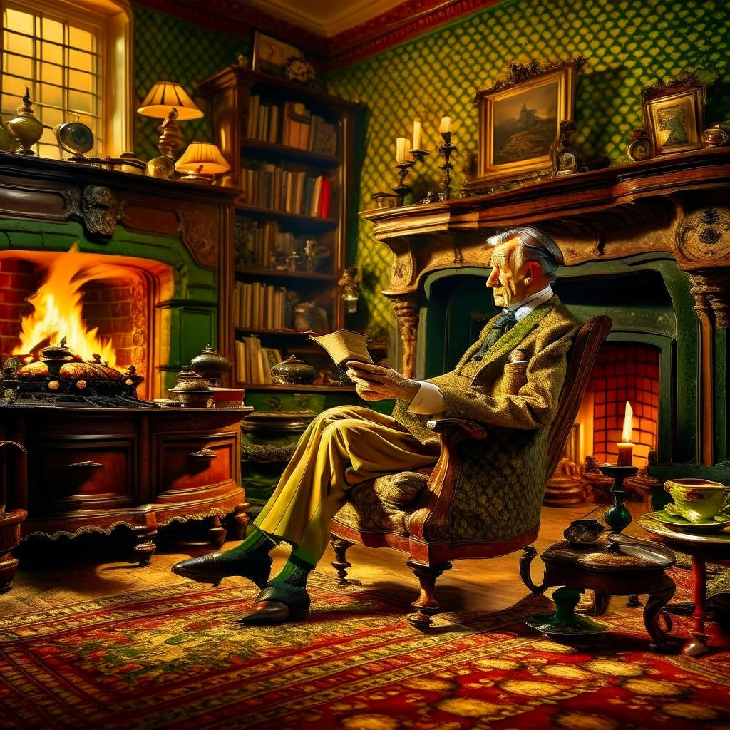 An English gentleman wearing a checkered tweed jacket, wearing slippers, sitting in a wing chair by the burning fireplace, listening to music emanating from an old gramophone, in the background an antique radio receiver standing on a dresser, a bookcase and an oil painting of Queen Victoria, realistic shot, taken indoors In yellowish light, nostalgic atmosphere, 12K