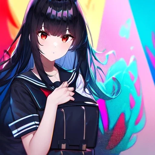 Clear focus, High resolution, long black fluffy hair, red eyes, chopped bangs, wearing a sailor uniform, wearing a sailor skirt, colorful, hollywood, female, human, mortal, thin legs, no outlines, extreme close up