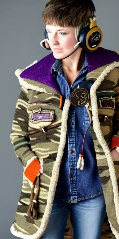 Image shows wholly a Brunette. average body type. Mantle is sewed of recycled Denim and sewed together of camouflage pieces. Camouflage colors are orange,terracotta, cream and purple. Cream latex gaiter. Big bright purple/khaki felt tippet and cream or blue or lilac colored-hood. mantle is merged with satchel. . AKG-style headphones (gold rings!) is merged with small felt cap with small visor. Style: Haute Couture in 1936, Paris fashion in 2023, inspired by street art.