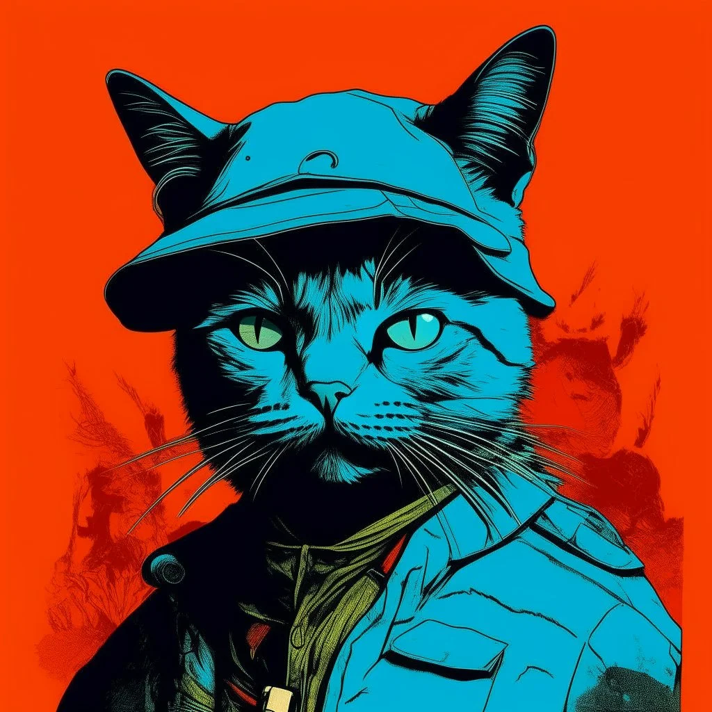 cat with shark mask hat solana war in the trenches armed style in the style of warhol