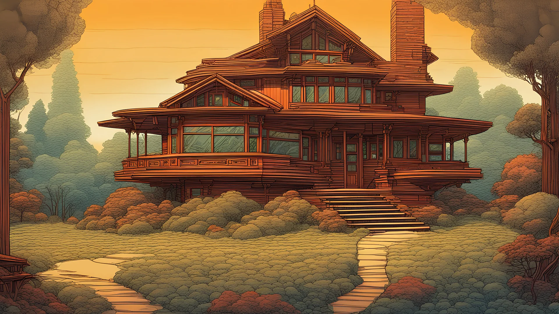 surreal glimpse into other universe, house by frank lloyd wright, summer morning, very coherent and colorful high contrast, art by!!!! gediminas pranckevicius!!!!, geof darrow, floralpunk screen printing woodblock, dark shadows, hard lighting, stipple brush technique,