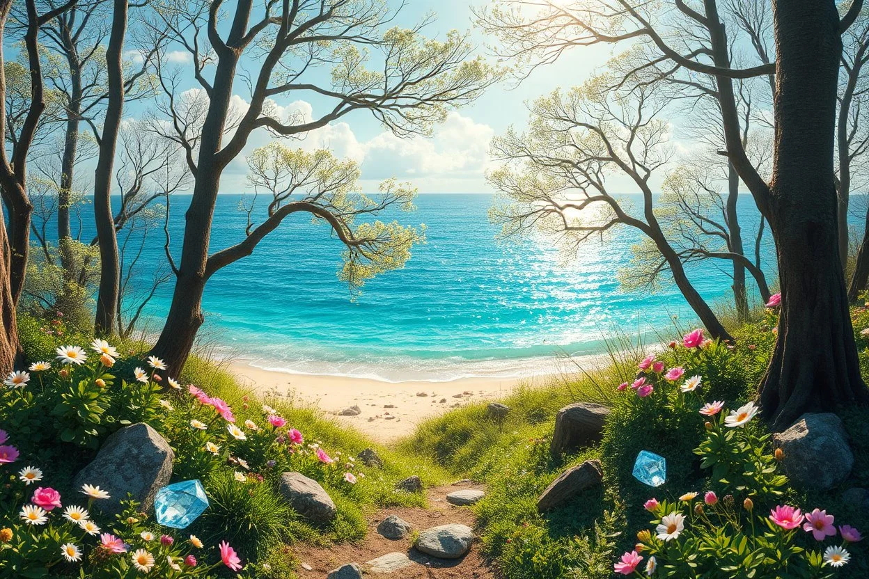 enchanted forest in spring with bright little flowers and little gems and crystals with a crystalline sea and beach