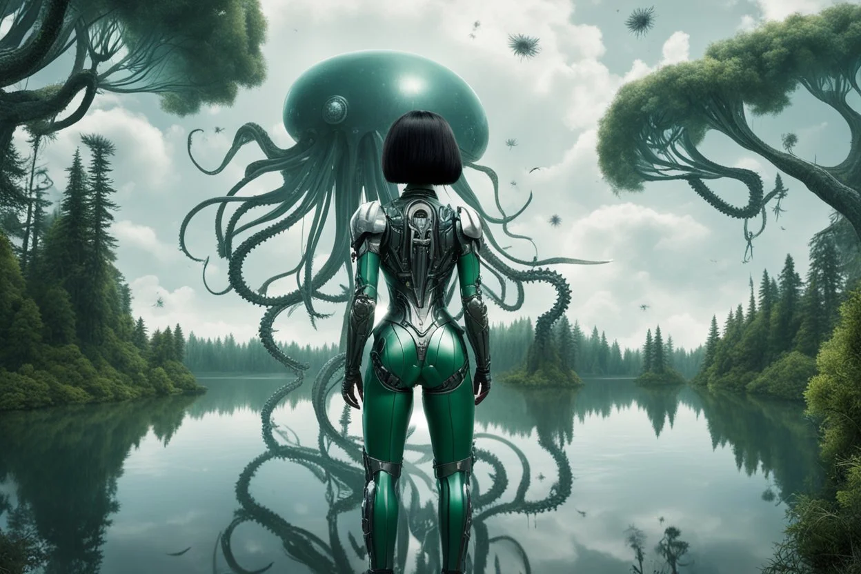 A skinny woman with a black bob hairstyle, in a green and silver robotic suit, standing, looking out over a lake, in an alien forest, with tall narrow cloud trees, with flying dandelion heads with octopus tentacles