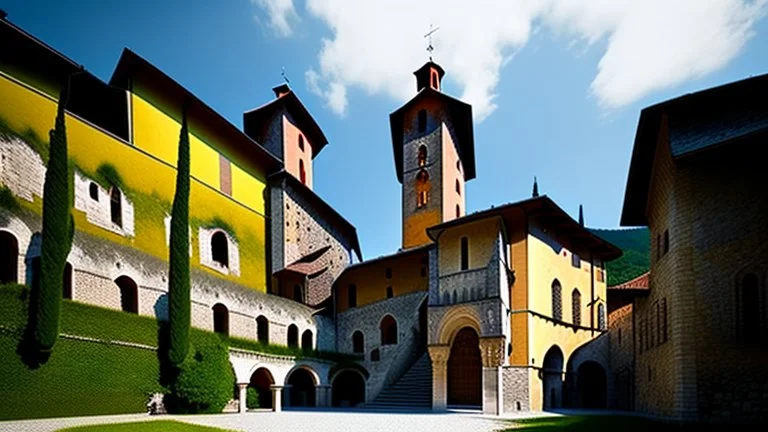 Huge medieval monastery at the top of a hill in northern Italy