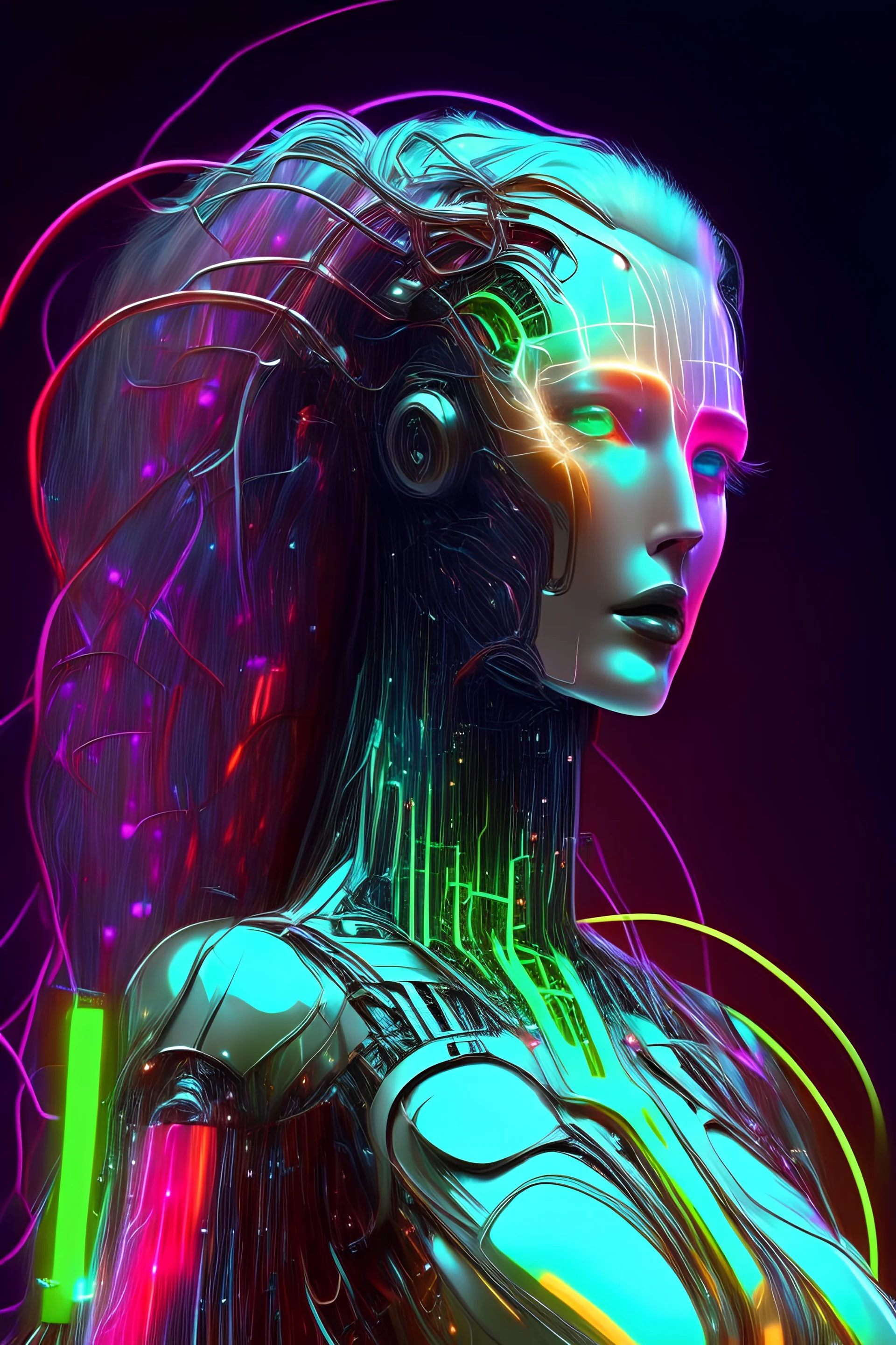 Optimus Ai Tesla robot female): iridescent green metal, red and gold optic fibre hair, robot, electric, neon, nebula, light shards, iridescent galaxy metal, glowing tendrils and threads for hair, electric wires, hair swirling and billowing, lighting effects, neon blue synth wave patterns, pearlescent, digital background, shiny