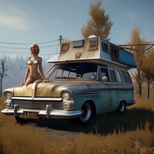 happy cute model sitting on roof of a caravan, wreckfest, spectacular graphics, unreal, road, bridge, fallout 4, mutant cow