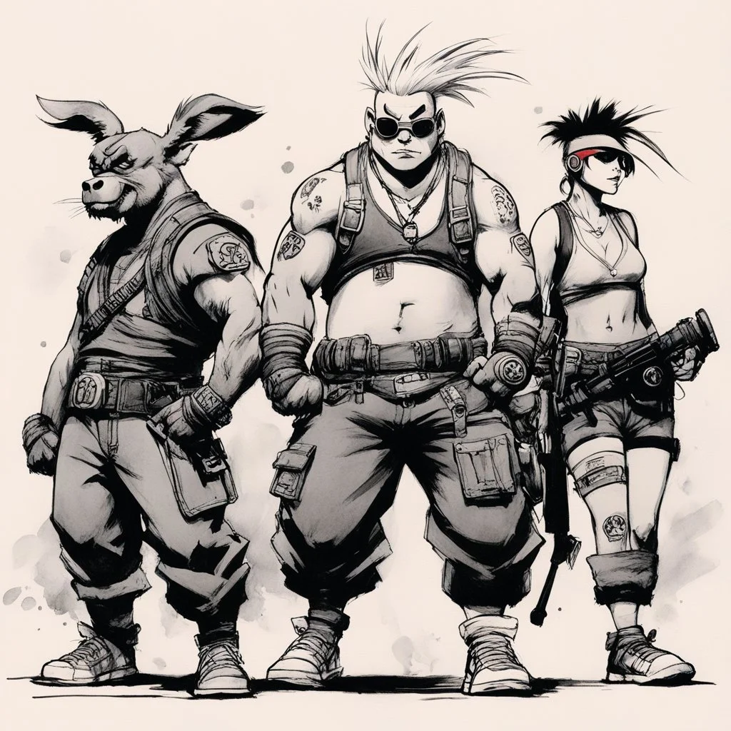 [traditional Chinese brush, expressive line, ink washes] Tank Girl with Bebop and Rocksteady: This body finds pleasure in his movement wish to walk with my head so high my shoulders back bum carefully encasing the head of my femur, wish my body to move like my trainer's.