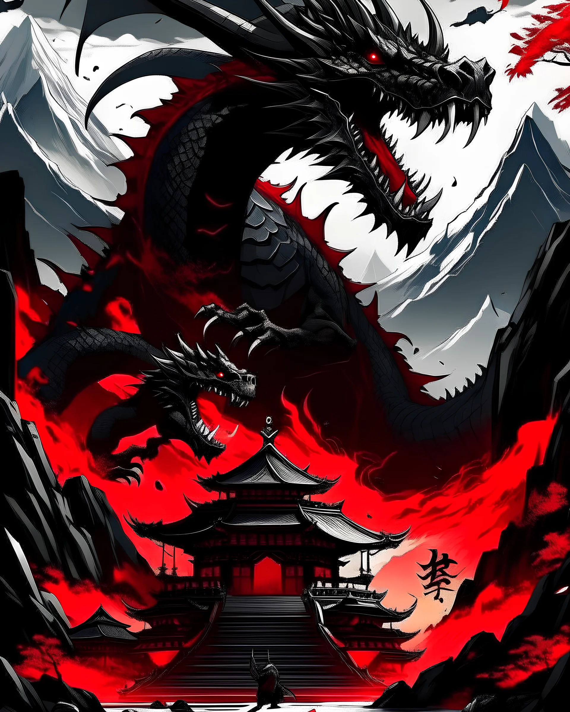 mountains, red and black, red Japanese temple, dinosaur with two horns, shrine