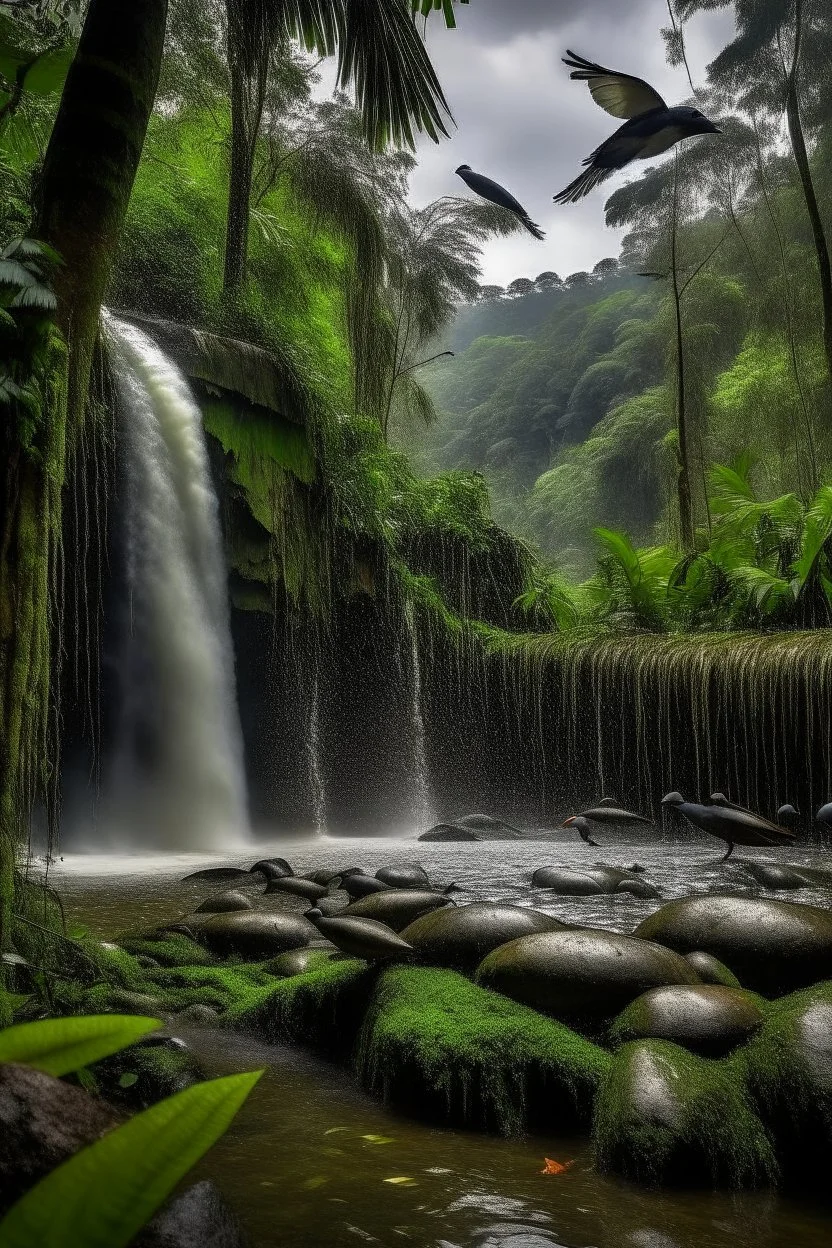 buatkan gambar air terjun di hutan amazon dengan kondisi setelah hujan dimana banyak burung yang berterbangan disekitar air terjun yang di kelilingi pohon