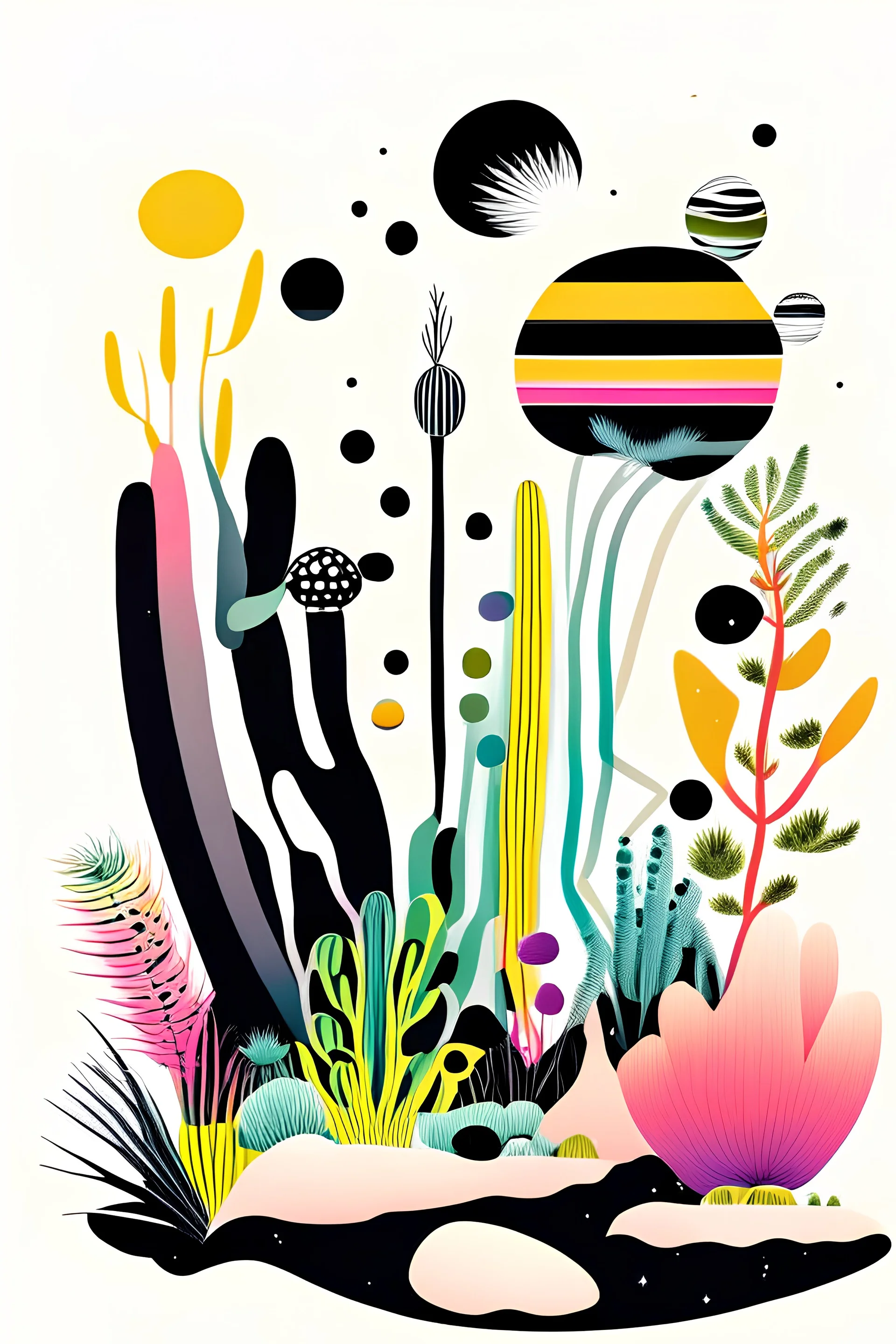 Exploring a colorful alien planet with strange flora and fauna. white background with black lines