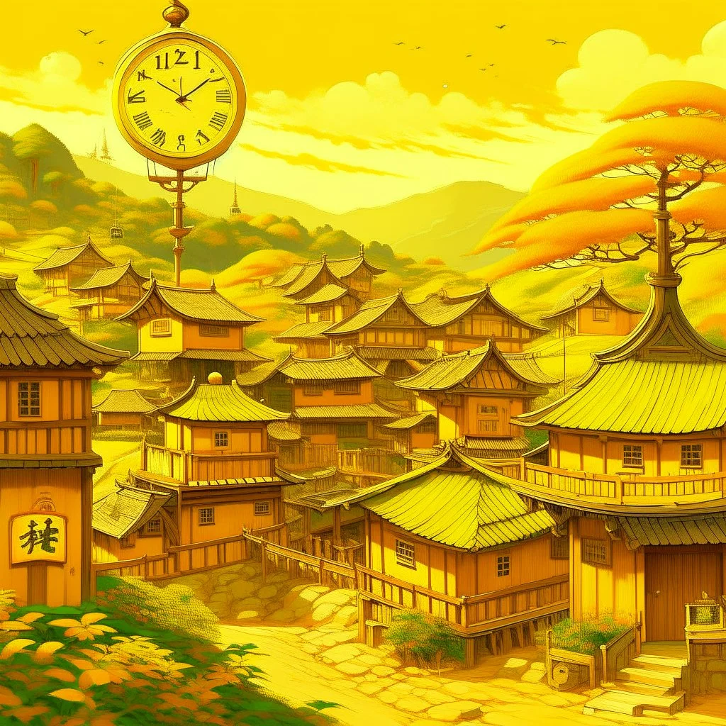 A golden yellow Japanese village with mystic clocks painted by Zosan