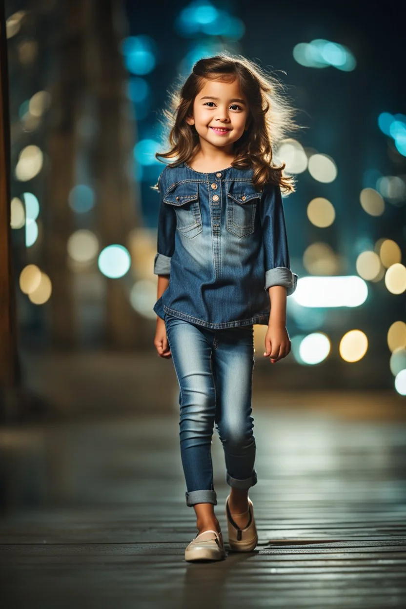 Little 6 years old beautiful girl perfect face,1girl wearing a pretty shirt and jean pant, standing pose,modern city ,night view