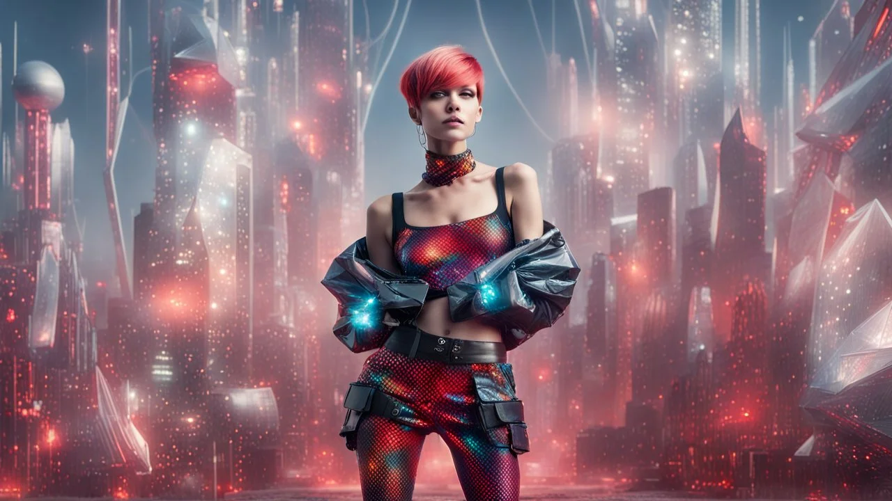 Captivating fashion effortlessly loaned by (her daring extra red pixie cut). She's chicly garbed in an avant-garde futuristic clothes, full body,, channelling the chaotic beauty , standing best pose in a grey distopic landscape of shimmering vibrant fashion artworks, radiating and weird cyber style