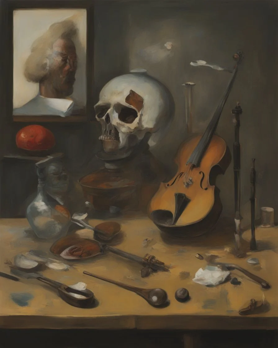 human body, universe-like table,complex surgical instruments mixed with human body-like musical instruments,minimalism,Painting By Adrian Ghenie, Rene Magritte, Salvador Dali, Lucian Freud