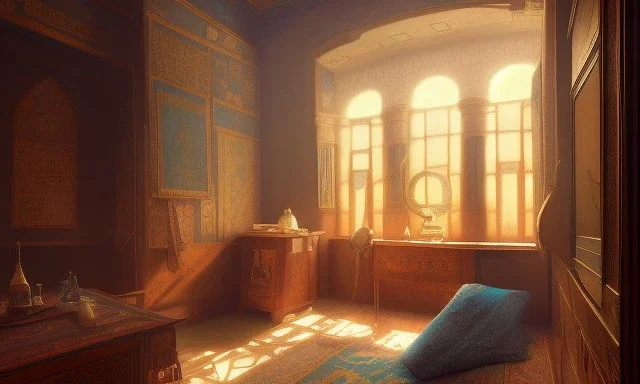 Old bedroom in Egypt, cinematic, 8k, resolution concept art portrait by Greg Rutkowski, Artgerm, WLOP, Alphonse Mucha dynamic lighting hyperdetailed intricately detailed