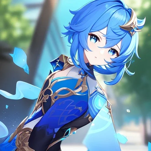 Clear focus,High resolution, Vibrant short blue hair, Vibrant blue eyes, Genshin impact inspired outfit