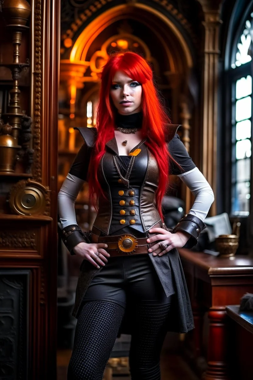 full body and headshot of a skinny Cleopatra, with long straight red hair, dressed as an assassin standing in a steampunk setting.