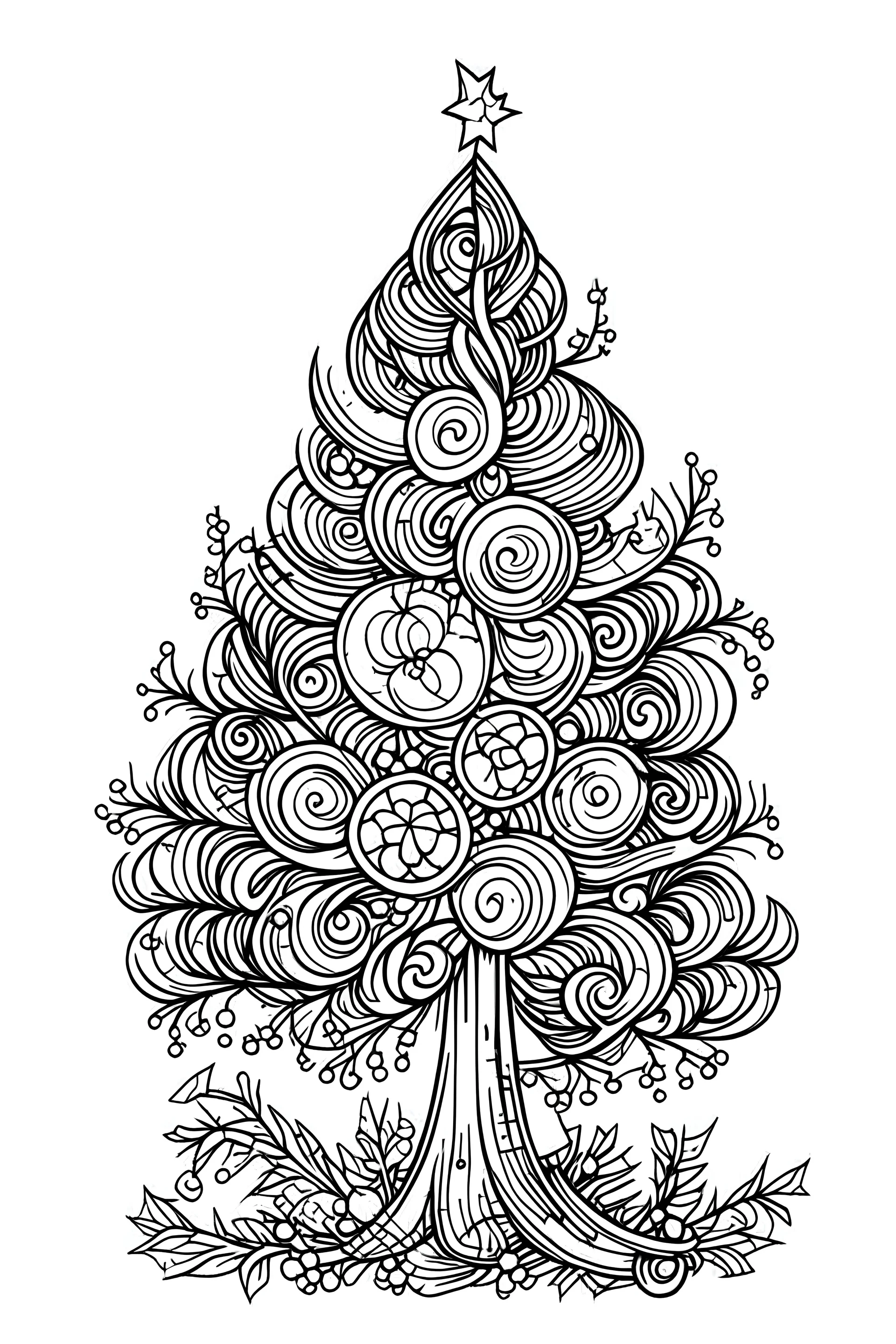 Outline art for cute Christmas coloring pages with a christmas tree, white background, sketch style, full body, only use outline, Mandala Style, clean line art, white background, no shadows and clear and well outlined, no colours, only black and white, no grey