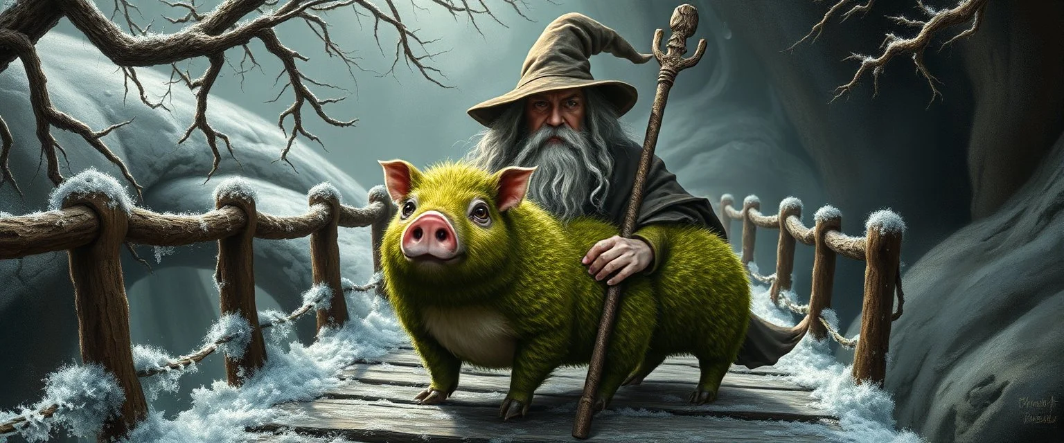 close up portrait of wizard and moss pig on the bridge, Beneath the frozen boughs he strode, Where glassy frost did bite the road. The bridge did arch o’er shadowed flood, And whispering waters ran like blood. Each step a ghost, each breath a flame, The cavern shivered at his name. *(Verse II)* From corner dark, a rustle, a squeak, A nimble shadow, clever and meek. Its eyes did glimmer with childish guile, Yet laughter edged with malice vile. This creature small, yet fearsome bound, The