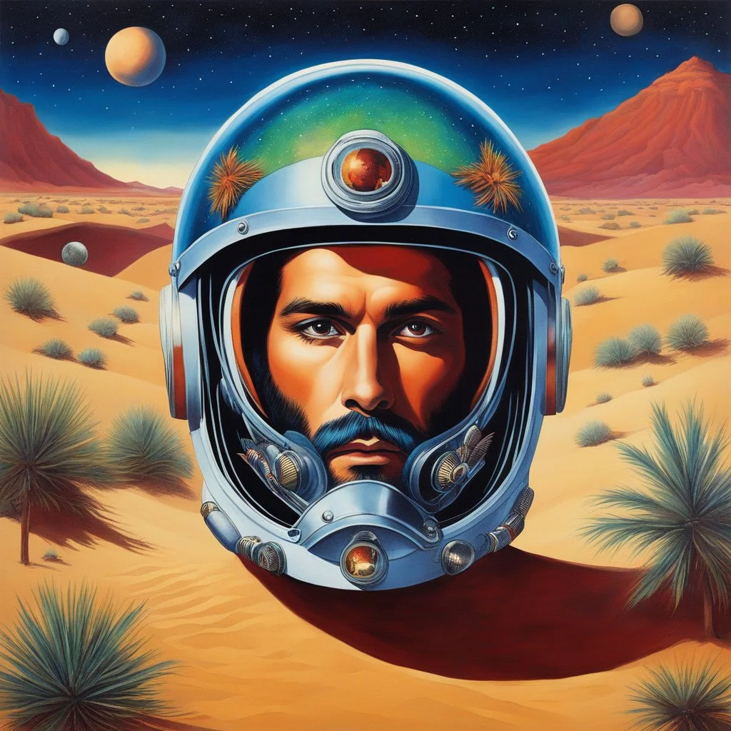 [art by Mil Mascaras] Jesus as he found himself in a desert spaceship adorned with space helmets and Christmas decorations. His skin glistened with moisture, a celestial sheen reflecting the enigmatic allure of the punk band with spiky hair and lizard heads. Alligator wings fluttered in the artificial breeze, a symphony of strangeness echoing through the spaceship. a mystical aquarium teeming with life behind glass guitars. The juxtaposition of elements—Mayan feathers, beads, rope on hands—creat