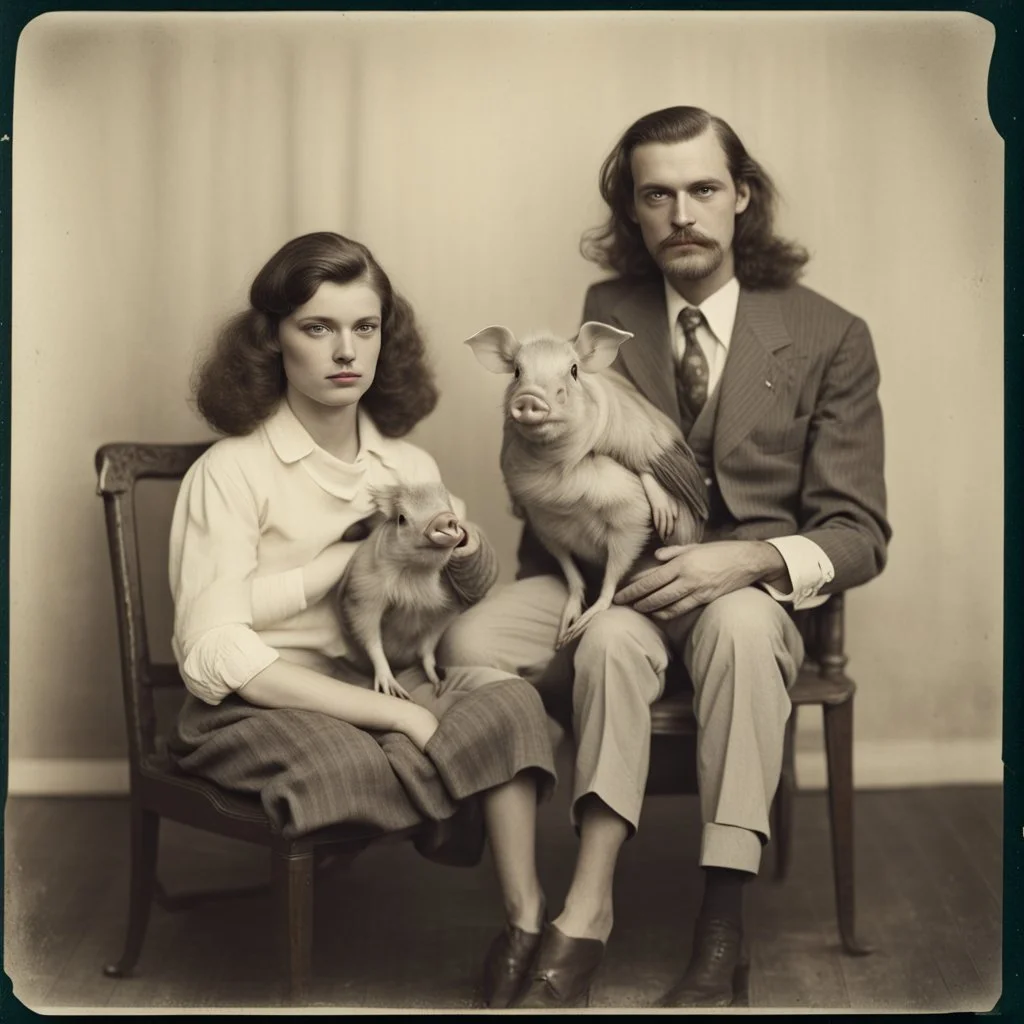 Awkward portrait Photo with a man and a woman, 30 years old sitting on chair, serious look, long 1960 hair and mustasch, bland polaroid camera, holding a small pig, parrots