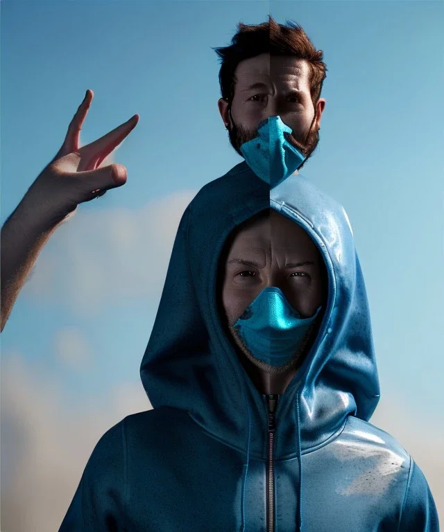 Realistic image, waist up view, a guy making the fuck off gesture with his hand, blue smoke coming out of his nose and mouth, happy. Latex cloth, inflatable hoodie, soft color, highly detailed, unreal engine 5, ray tracing, RTX, lumen lighting, ultra detail, volumetric lighting, 3d, finely drawn, high definition, high resolution.