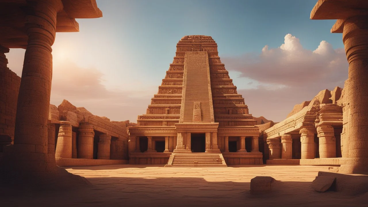 ruins of a forgotten mayan tempel in a dead desert. sandstone. Perfect symmetry, cinematic lighting, hyper realisme, Hyperrealistic, splash art, concept art, mid shot, intricately detailed, color depth, dramatic, 2/3 face angle, side light, colorful background