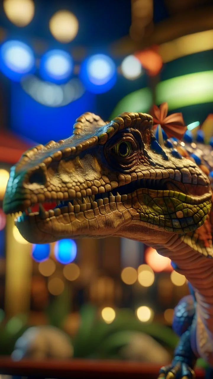 dinosaur wearing a party bow at a casino, shot on Hasselblad h6d-400c, zeiss prime lens, bokeh like f/0.8, tilt-shift lens 8k, high detail, smooth render, down-light, unreal engine, prize winning