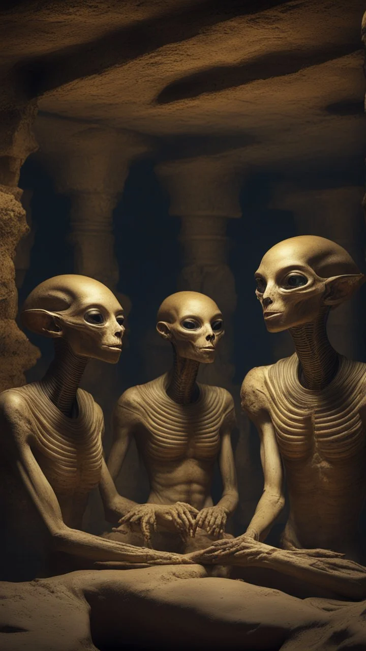 Hyper Realistic aliens inside Egyptian catacombs with lots of gold at dark night