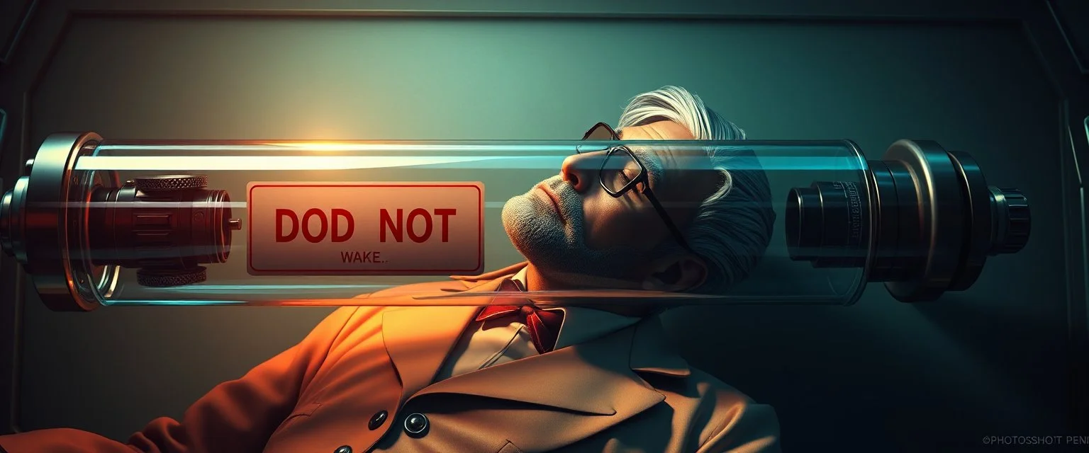 airbrush 3d rendering, mafia Doctor Vex is now officially in stasis. No experiments. No clones. No accidental galaxy-ending breakthroughs. Just a big glass tube with a sign: DO NOT WAKE — PHOTOSHOOT PENDING :) symbols