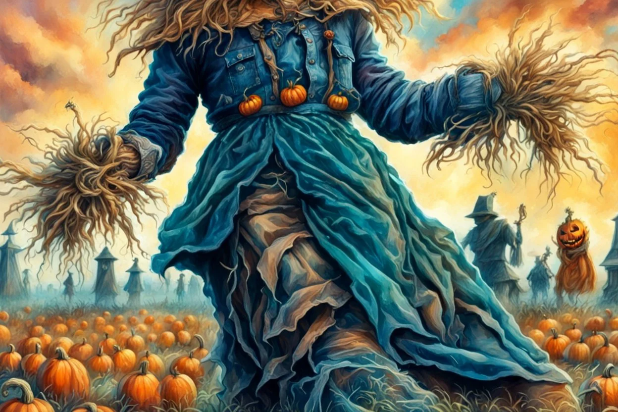 works by Mark Keatley, Josephine Wall, Ellen Jewett, Dan Mumford Cayenne, Victoria Francis. dancing scarecrow with a scary pumpkin head in a field with scarecrows, High Definition HD, High Detail, UHD Pen and Ink Art, Perfect Composition, Detailed Intricacy, Crazy Octane Rendering, Trending on Artstation, 8k Fine Art Photography, Photorealistic Concept Art , soft thoughts, 3D cinematic perfect light, 3D rendering, famous, unforgettable., photo, poster, cinematic