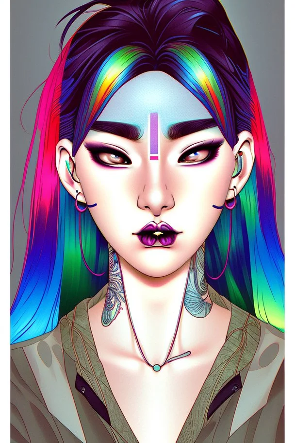 Asian androgynous woman, in detailed 80's graphic novel illustration, piercings, rainbow hair, androgynous look, epic colour treatment, cinematic colour treatment