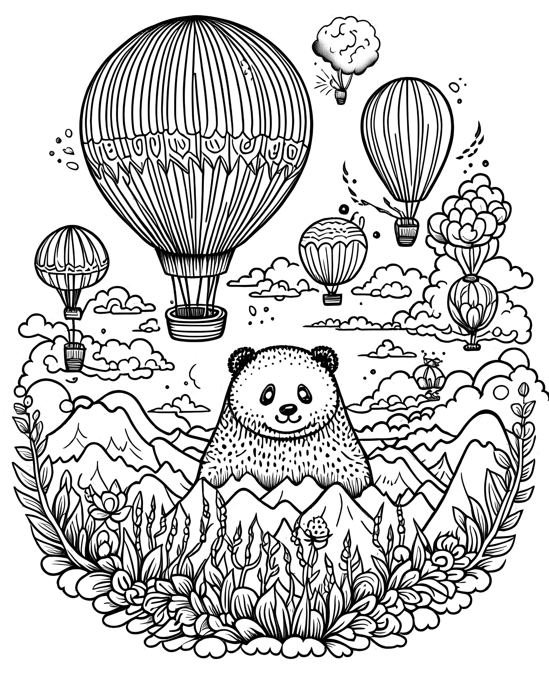 A whimsical hot air balloon festival over a landscape of rolling hills, cute bear,panda ,lion and wildflowers for colouring pages black and white outline line art,no blur,no grayscale,no black backdrop,onl white backdrop,realistic look