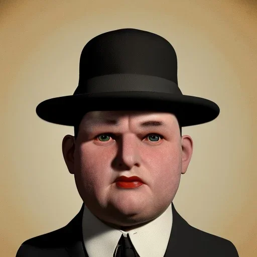 A portrait of a 1930s businessman with a black bowler hat and a suit. He is obese