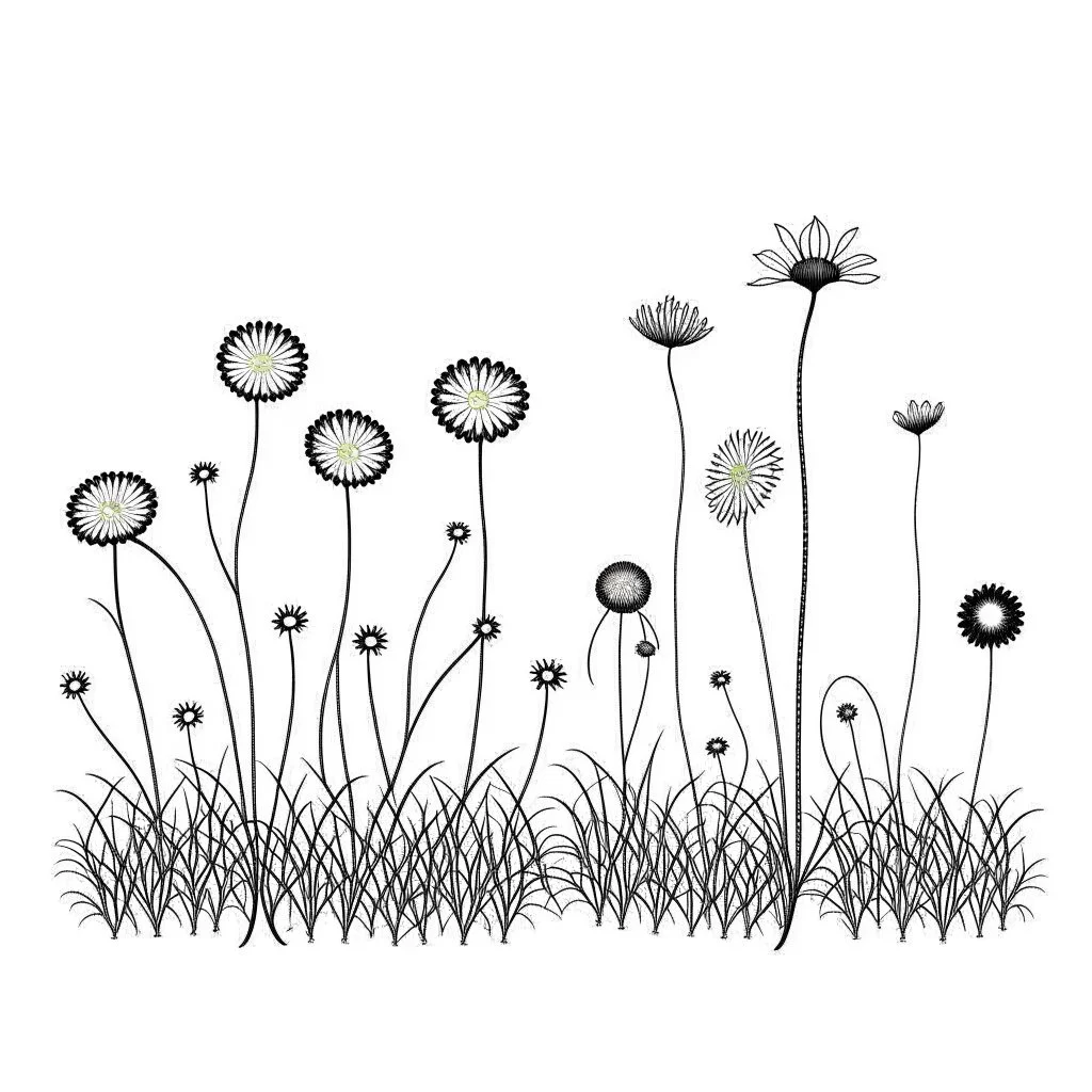 set of growing wind flower on the grace on ground, ONE lineS art, white background, minimalis, different view, only white bakcground solid.