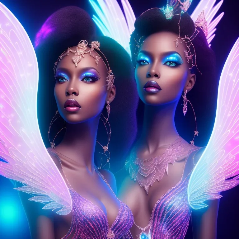 full body shot, masterpiece, best quality, black skinned, sparkling eyes, long hair, gorgeous African Fairy queen,wings,fluorescent skin,light blue makeup,sparkly glass diamond transparent,synthwave, light indigo, trasparent , irridescent, highly detailed body, sun light, 4K, RAW, depth of field, high contrast, realistic details, 24mm vaporwave aesthetic, synthwave, artstation, concept art, smooth, extremely sharp detail, finely tuned detail, ultra high definition, 8 k, unreal engine 5, ultra sh