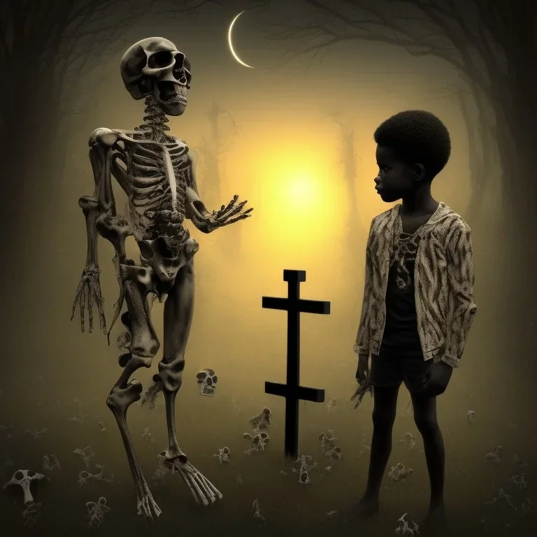 mysterious and powerful black kid at a cemetery near a cross and surrounded by bones at night