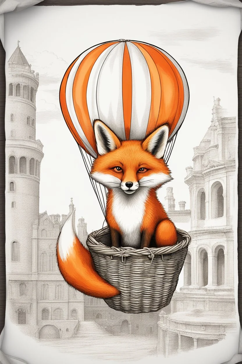 Color illustration of a ultra photo realistic happy red fox sitting "inside" a detailed wicker basket which is "hanging" below a perfect round orange colored hot air ballon nothing should be hanging from the basket, full image of hot air ballon, every element; fox, wicker basket, ballon should be in proportion to one another, in the background you can see the leaning tower of Piza