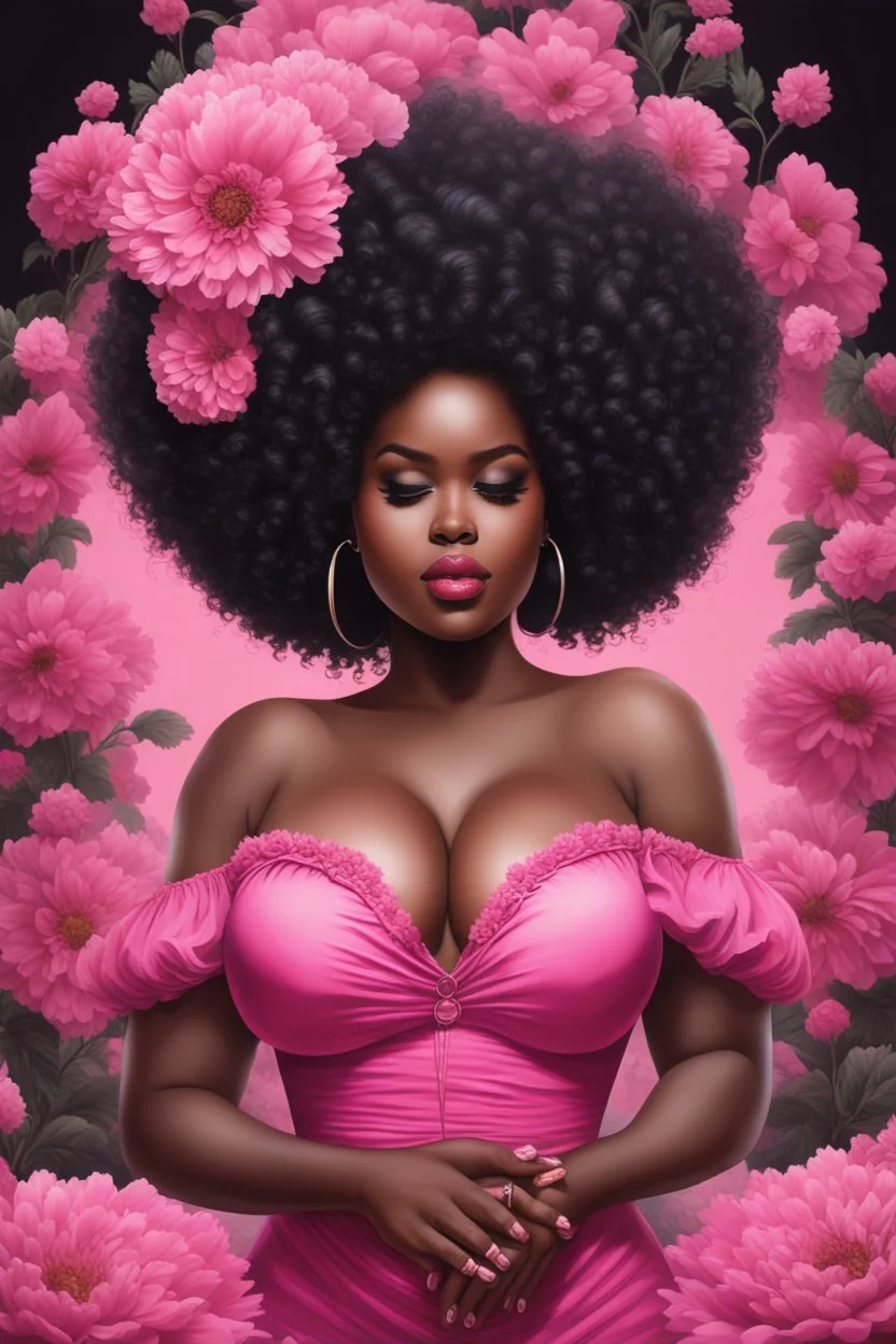 Create an chalk style image of a curvy black female wearing a pink off the shoulder blouse and she is looking down with Prominent makeup. Highly detailed tightly curly black afro. Background of large pink and black flowers surrounding her