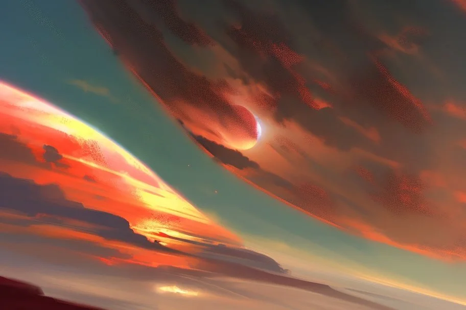 red exoplanet in the horizon, stars, stream, clouds, fantasy, sci-fi, hd.