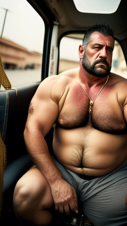 full body shot photography of an Italian sicilian taxi driver burly ugly sitting in the taxi, chubby tired 45 years old driving shirtless, bullneck, thin gold chains, short beard, sweat, short hair, bulge, robust, manly chest, looking down, big shoulders,, photorealistic, side light, ambient occlusion, tired eyes. 35mm lens, internal view inside the Taxi