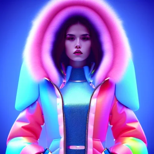 latin woman teenager, padded coat, retro futuristic, latex dress, gradient color, BLUE, PINK, CYAN, neon, insanely detailed, 16k resolution, perfect eyes, cinematic smooth, intricate detail