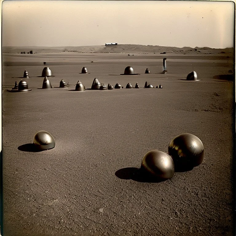 Odd spindle-shaped objects scattered over an arid surface, nothingness, close-up, polaroid, in Yves Tanguy style, nightmare