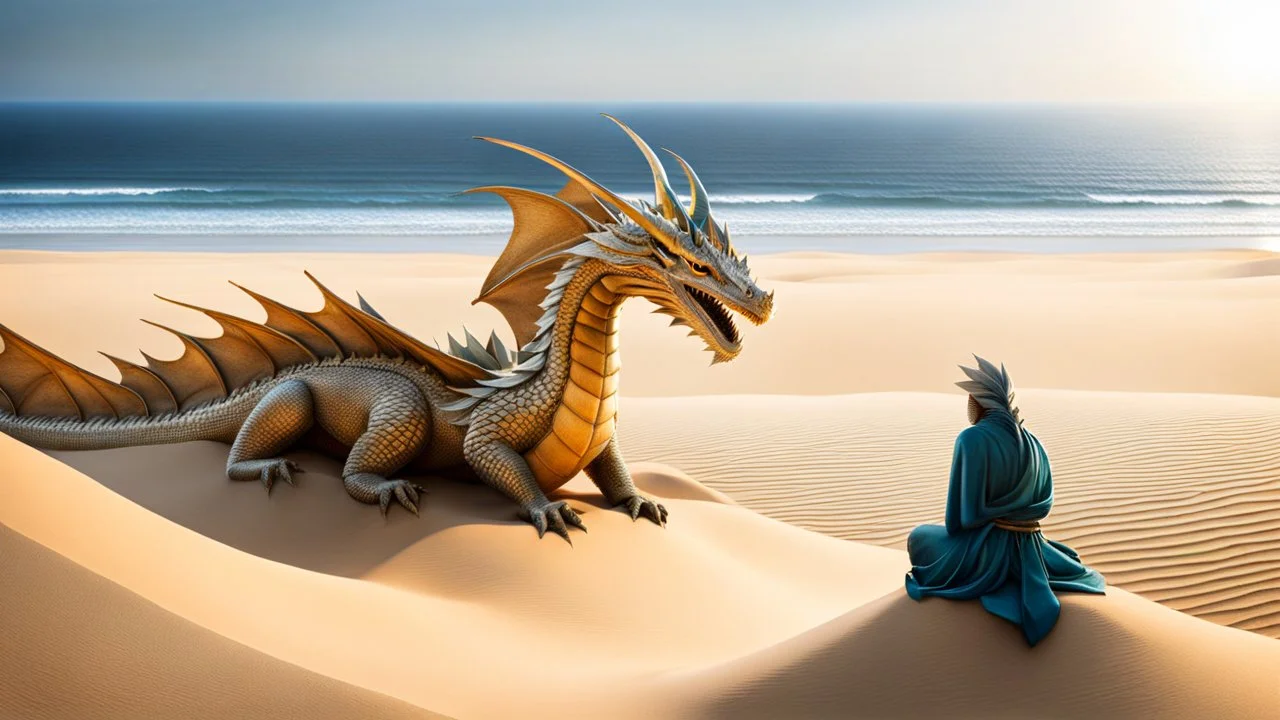 the coast of a desert seen from the top of a dune. a serene dragon looking at the ocean meditating on life. fantasy,