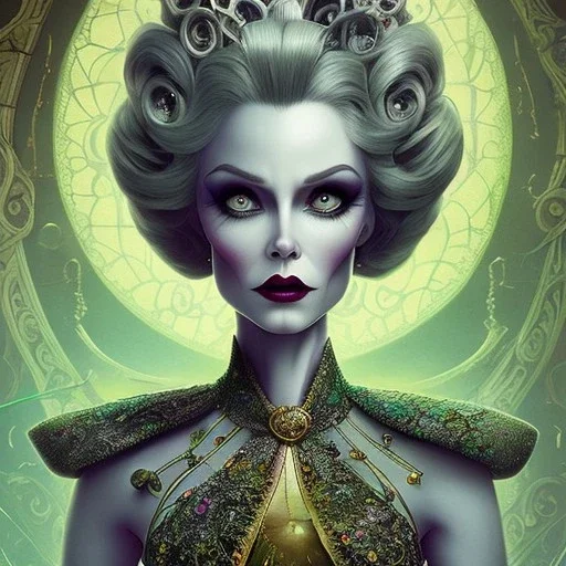 extrem tim burton style and disney style of an extrem wicked old evil stepmother, sharp focus, beautiful eyes